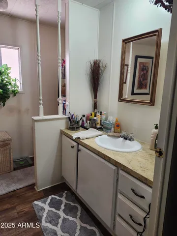 a bathroom with a sink and a mirror