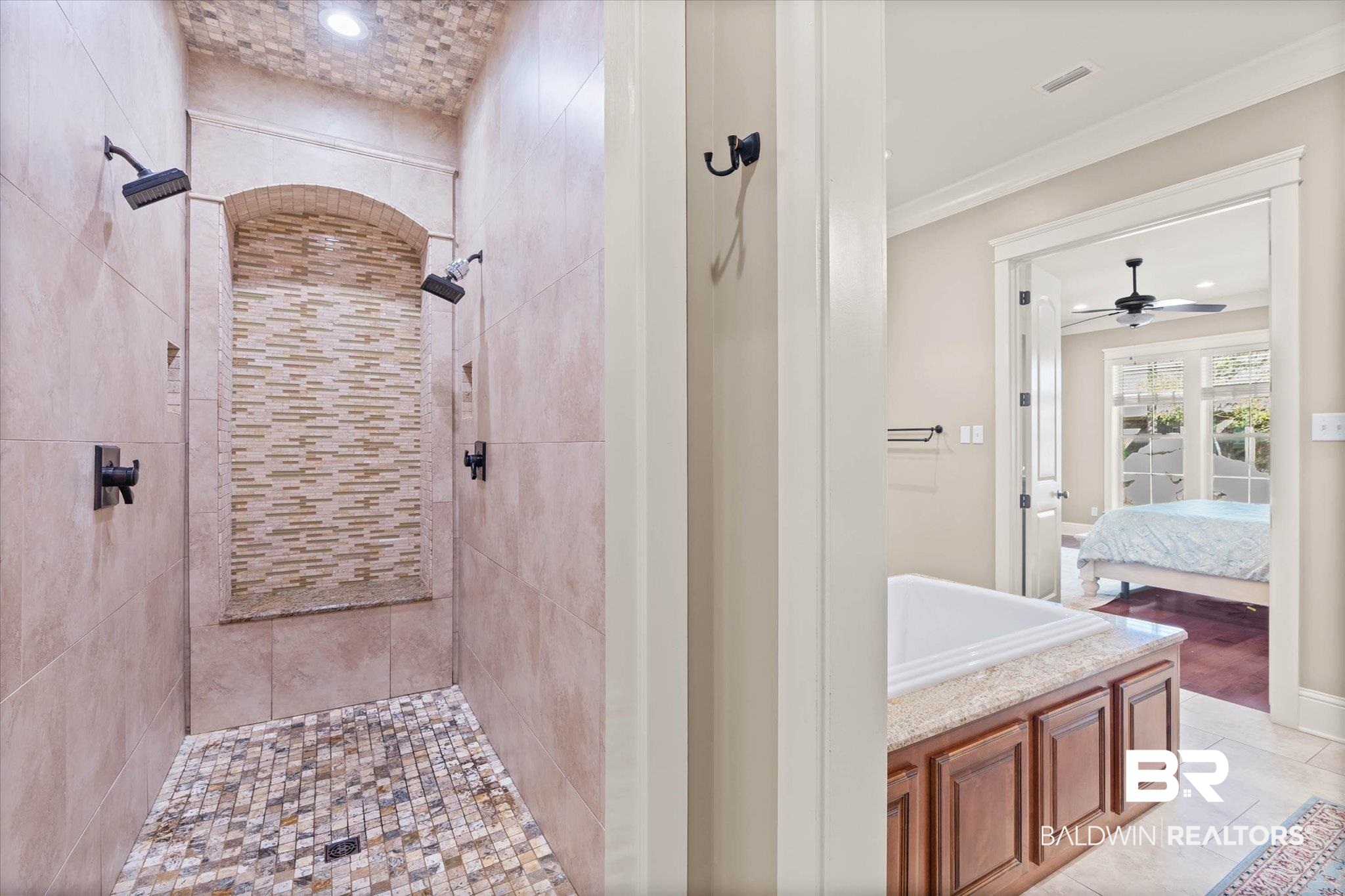 7676 Rockstone Lane Mobile, AL 36695 - Photo 19 of 47 Ensuite bathroom featuring a shower stall, a ceiling fan, recessed lighting, and vanity