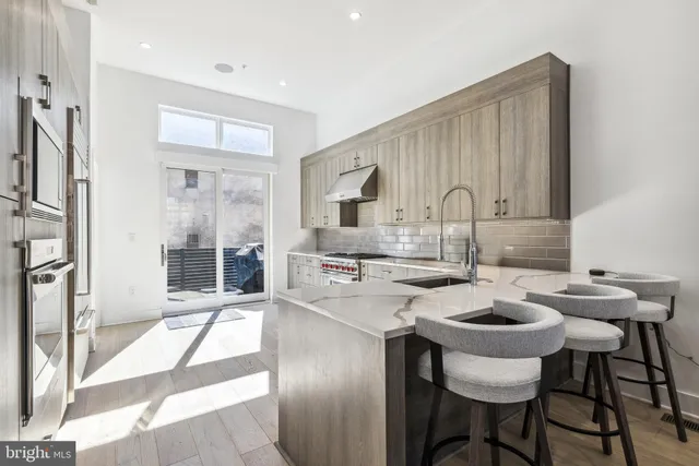 a kitchen with a table chairs stove and cabinets