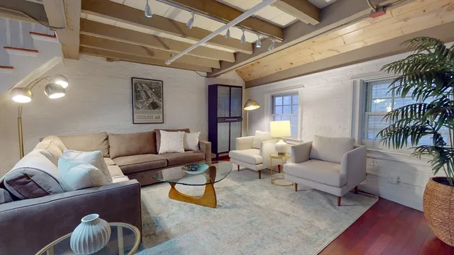 a living room with furniture and a potted plant