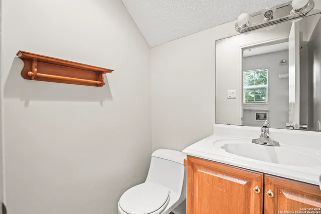 a bathroom with a sink a toilet and mirror