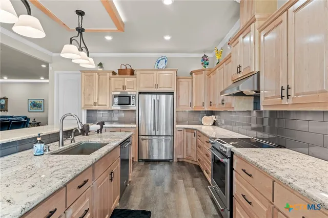 a kitchen with stainless steel appliances granite countertop a sink refrigerator and cabinets