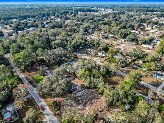 an aerial view of residential houses with outdoor space and trees