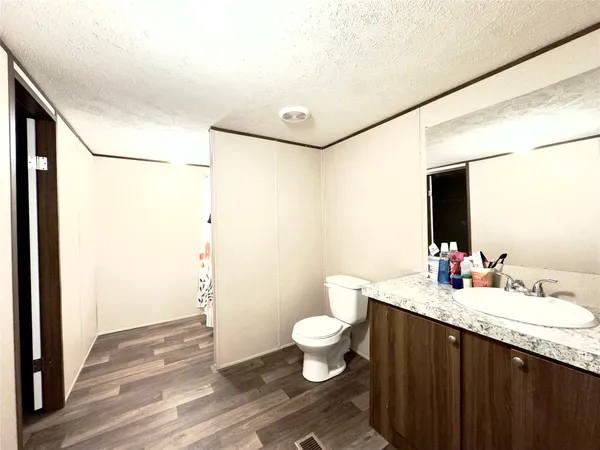 a bathroom with a sink mirror vanity and toilet