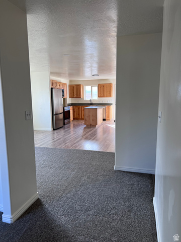 1696 South Longview Road Santaquin, UT 84655 - Photo 6 of 16 Unfurnished living room featuring dark colored carpet and a textured ceiling