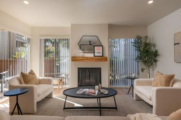 a living room with furniture and a fireplace