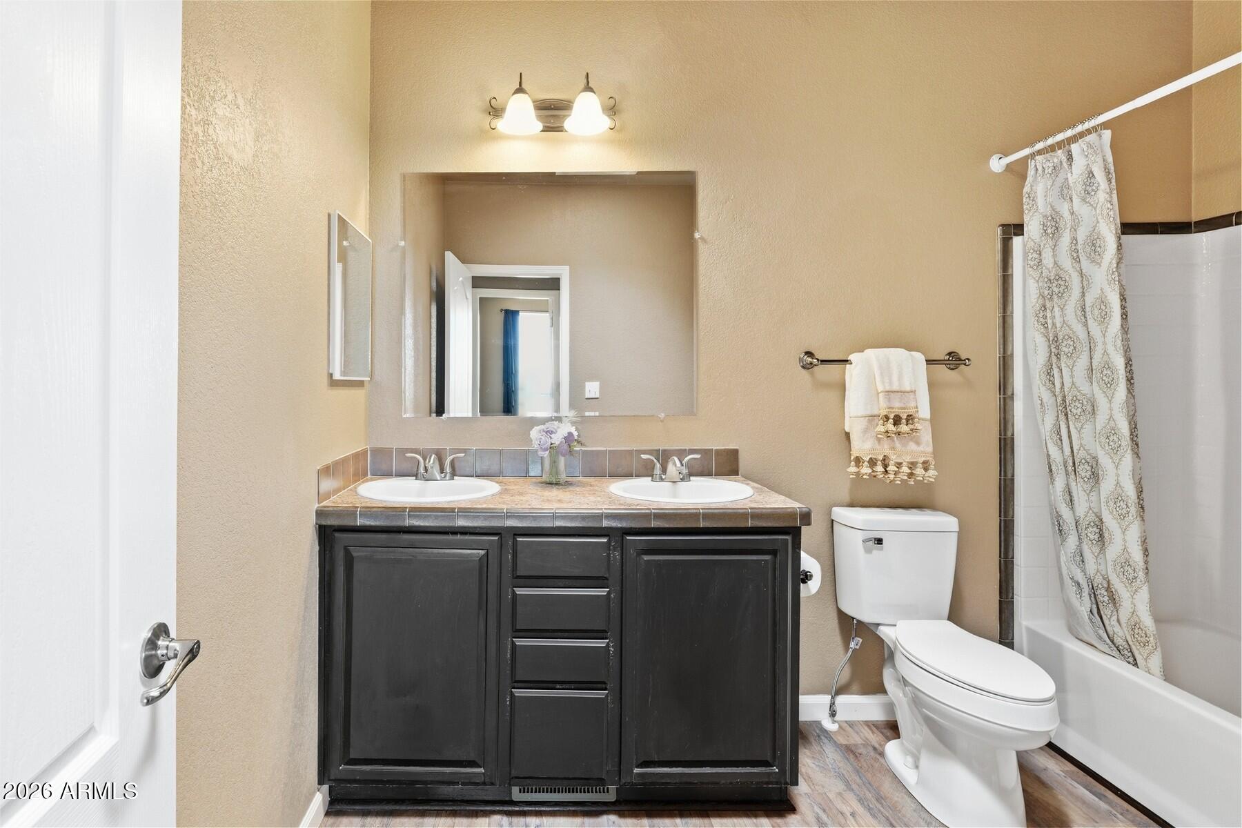 3216 North Mesquite Road Cochise, AZ 85606 - Photo 24 of 39 a bathroom with a granite countertop toilet a sink and a mirror