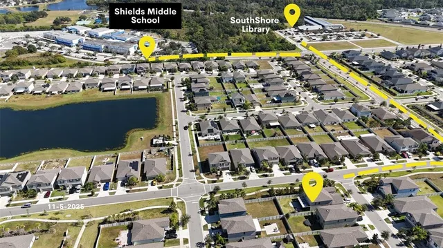 an aerial view of a highlighted building