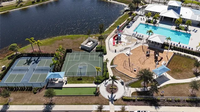 an aerial view of a building with outdoor space