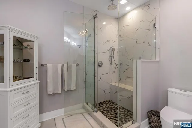 a bathroom with a shower and a toilet