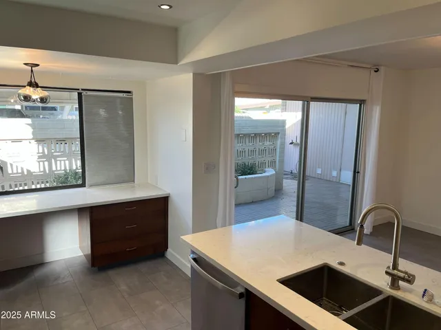 a view of a room with blue painted walls