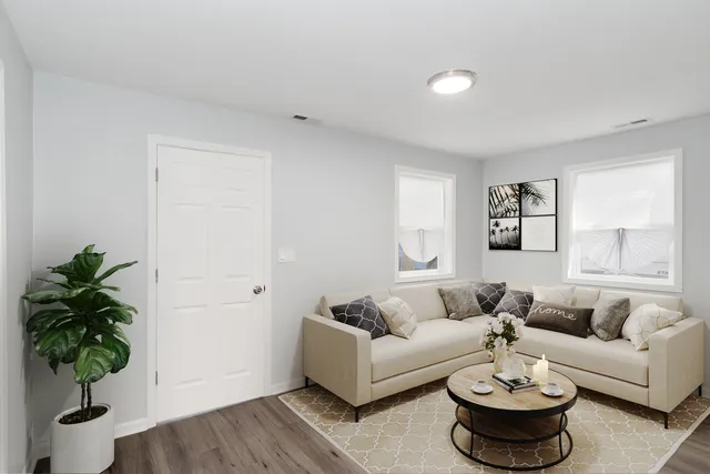 a living room with furniture and a potted plant
