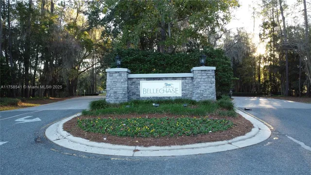 a view of a park that has large trees