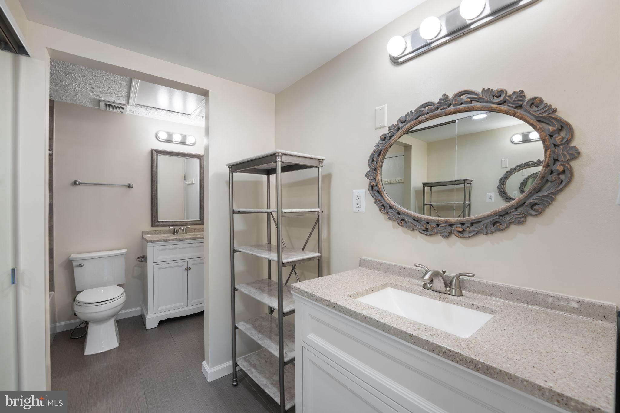 1644 Fieldthorn Drive Reston, VA 20194 - Photo 20 of 43 a bathroom with a granite countertop sink a mirror and a toilet