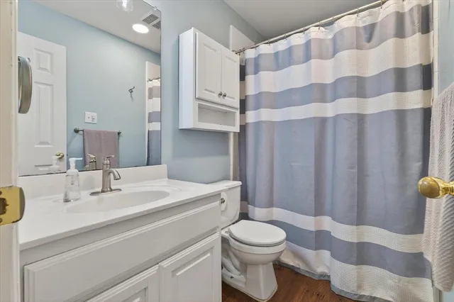 a bathroom with a sink a toilet a shower curtain and a mirror