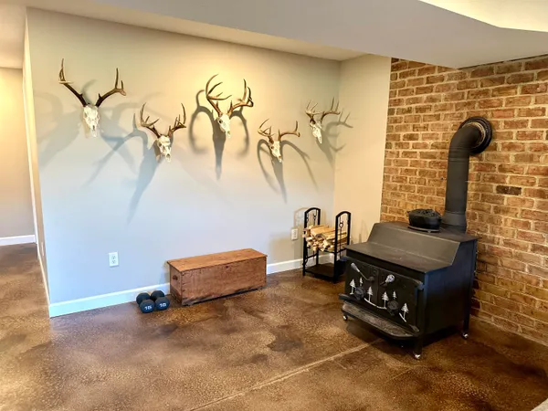 a living room with couch and a table
