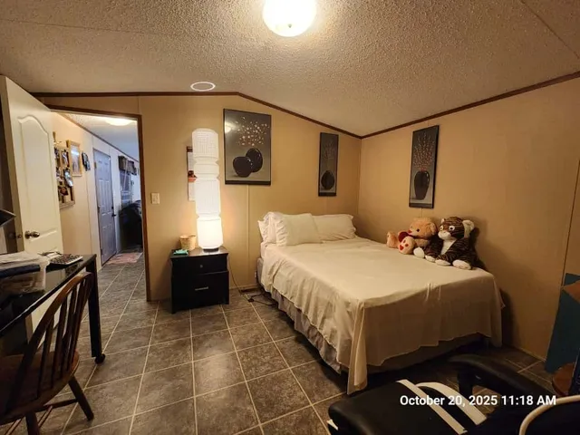 a bedroom with a bed and dresser with mirror