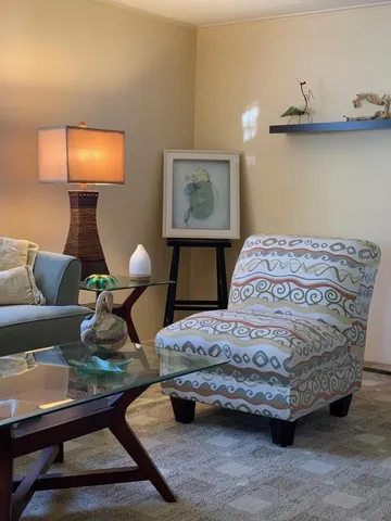 a view of a dining room with furniture