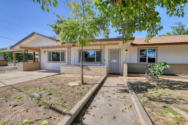 front view of a house with a tree