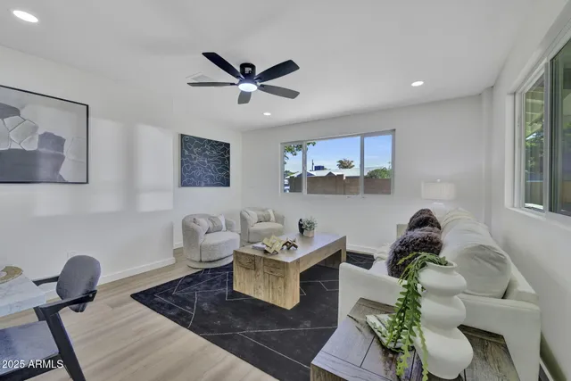 a living room with furniture and a potted plant