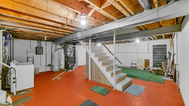 a view of a backyard with stairs and a patio