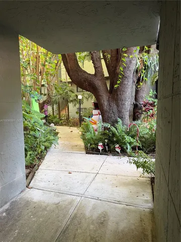 a view of a patio with chairs and plants