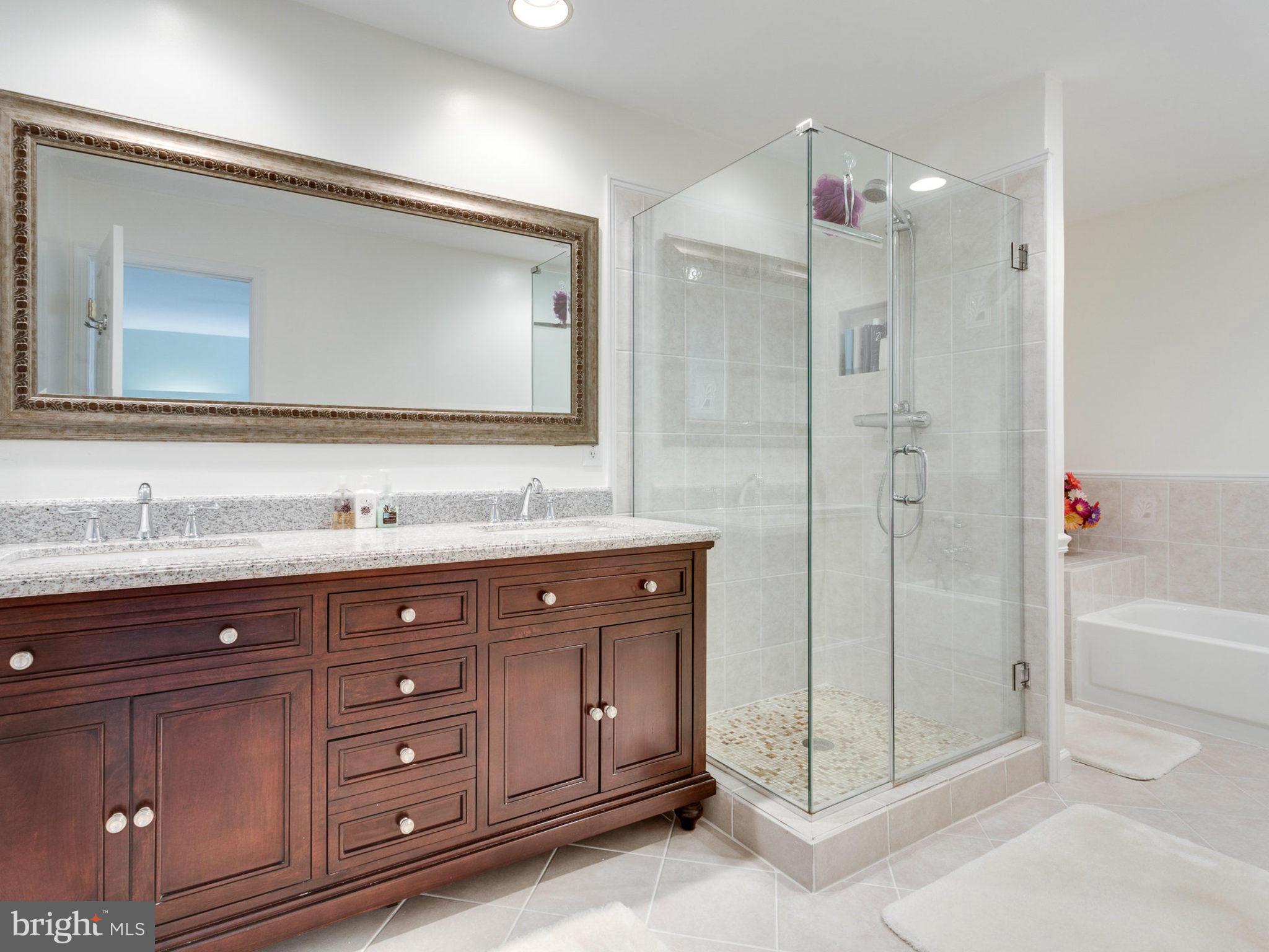1802 Batten Hollow Road Vienna, VA 22182 - Photo 19 of 30 a bathroom with a granite countertop sink mirror and shower
