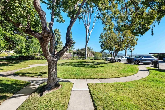 a view of a garden with an ocean