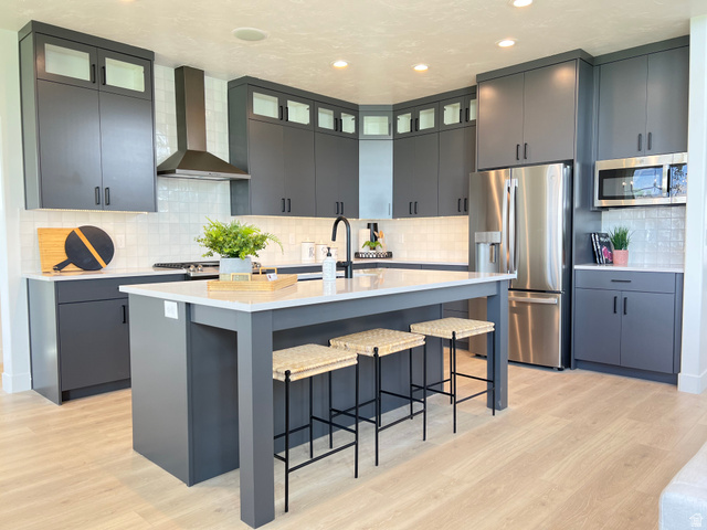 1951 2900 West Provo, UT 84601 - Photo 3 of 21 Modern kitchen featuring gray flat-panel cabinetry, a central island with a white countertop, and stainless steel appliances