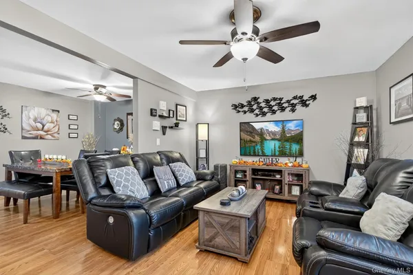 a living room with furniture ceiling fan and a rug