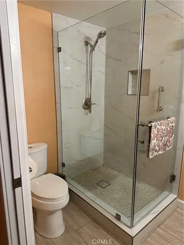 a bathroom with a shower and toilet