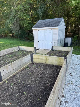 a view of a backyard with a garden and trees