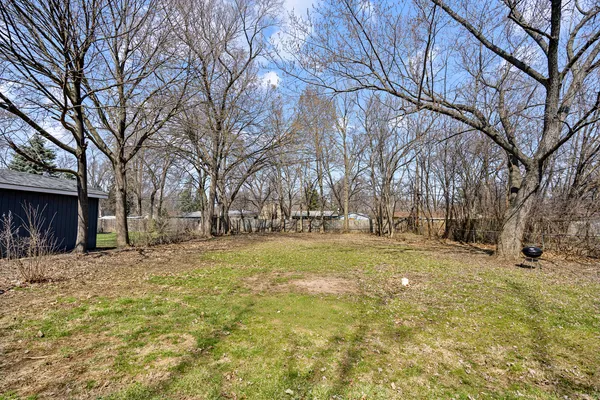 a view of a yard with trees in front of it