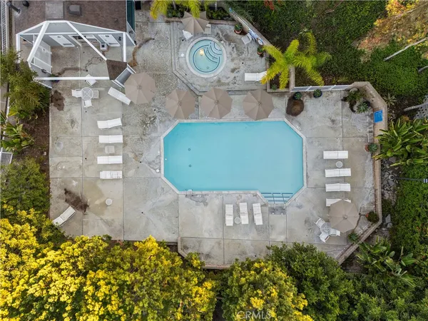 a view of a swimming pool with lounge chairs