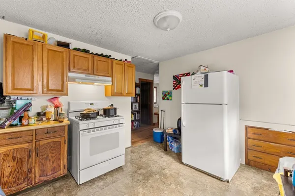 a kitchen with refrigerator a stove a sink and cabinets