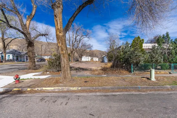 a backyard of a house with large trees