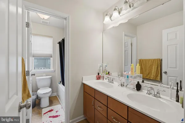 a bathroom with a double vanity sink mirror and toilet