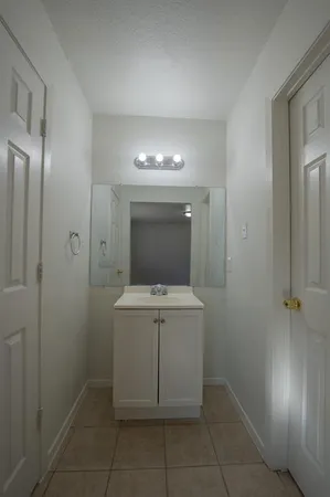 a bathroom with a sink a vanity and a mirror
