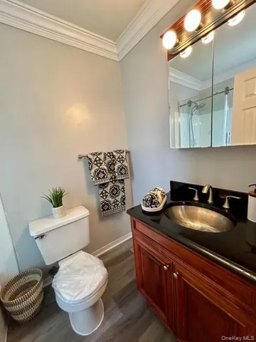 a bathroom with a granite countertop toilet and a sink