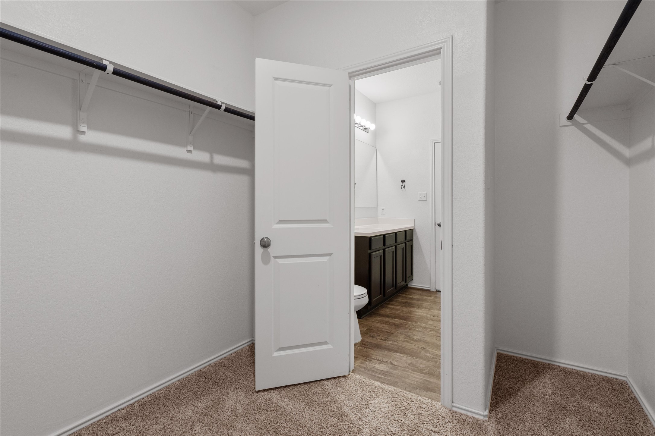 791 Circle Way Jarrell, TX 76537 - Photo 21 of 36 Carpeted closet with dual hanging rods, offering direct access to a bathroom featuring a dark wood-finish vanity, light countertop, and wood-finish flooring