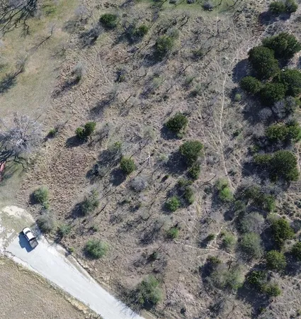 a view of a dry yard with green space