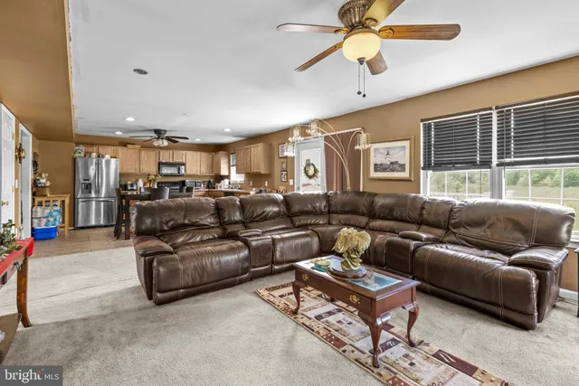 a living room with furniture ceiling fan and a rug