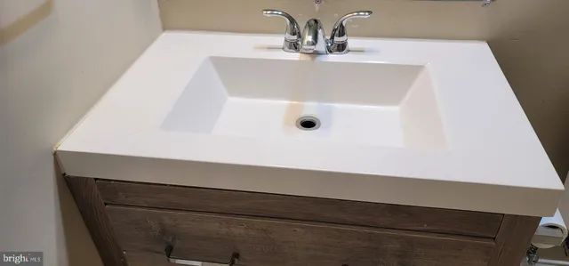 a bathroom with a double vanity sink a large mirror and a shower