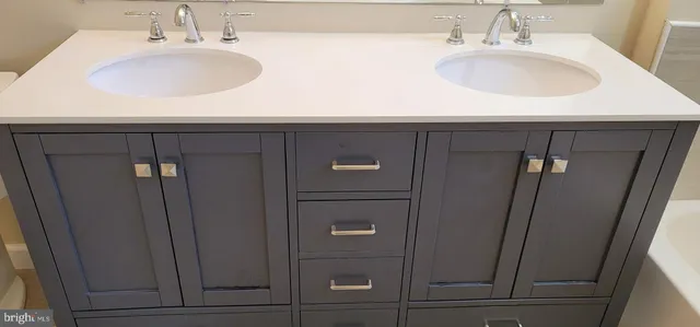 a bathroom with a tub shower sink vanity and a mirror