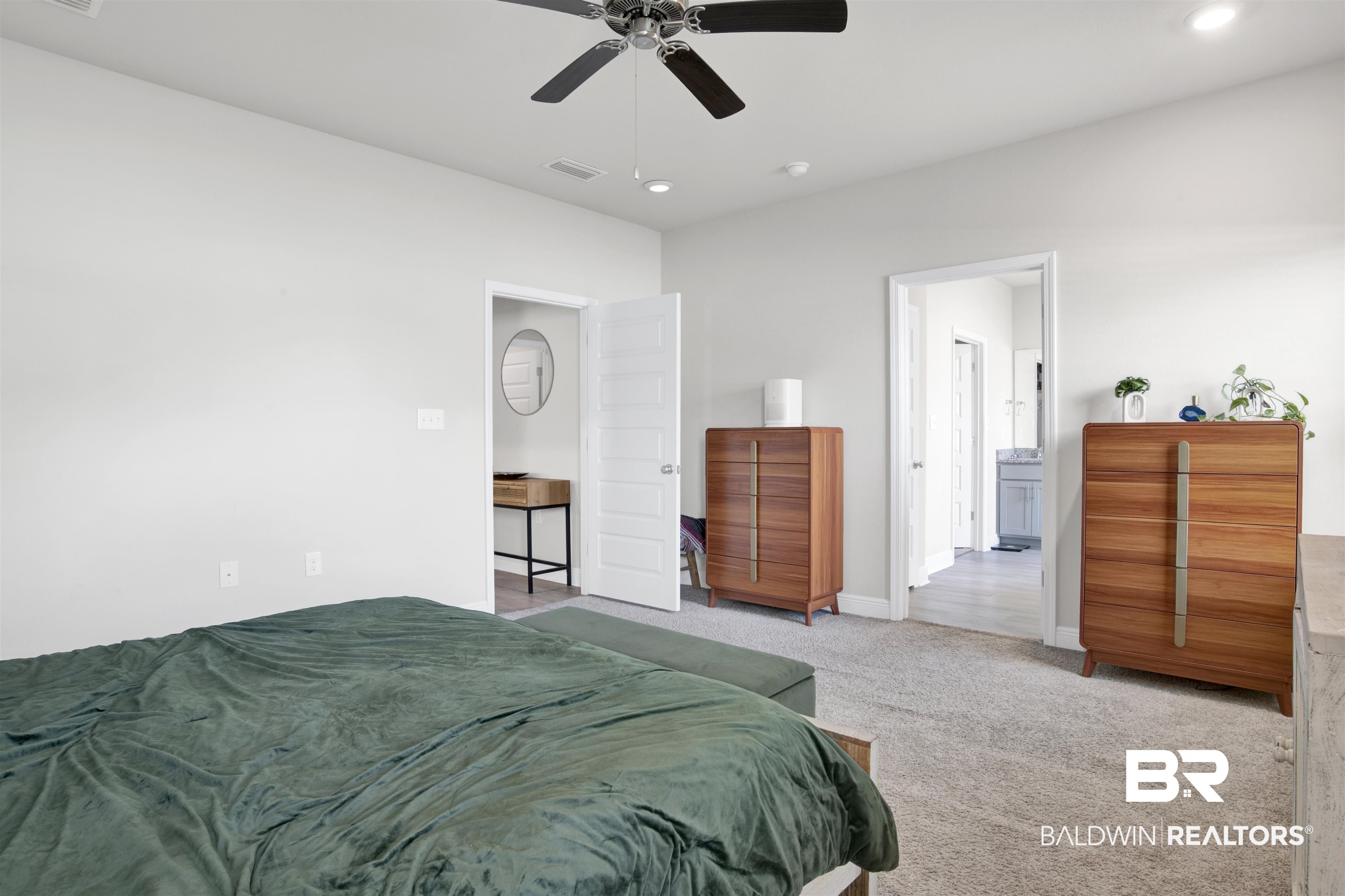 24253 Alydar Loop Daphne, AL 36526 - Photo 15 of 44 Bedroom featuring light carpet, a ceiling fan, recessed lighting, and ensuite bath