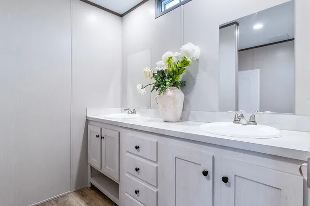 a bathroom with a sink a vanity and a mirror