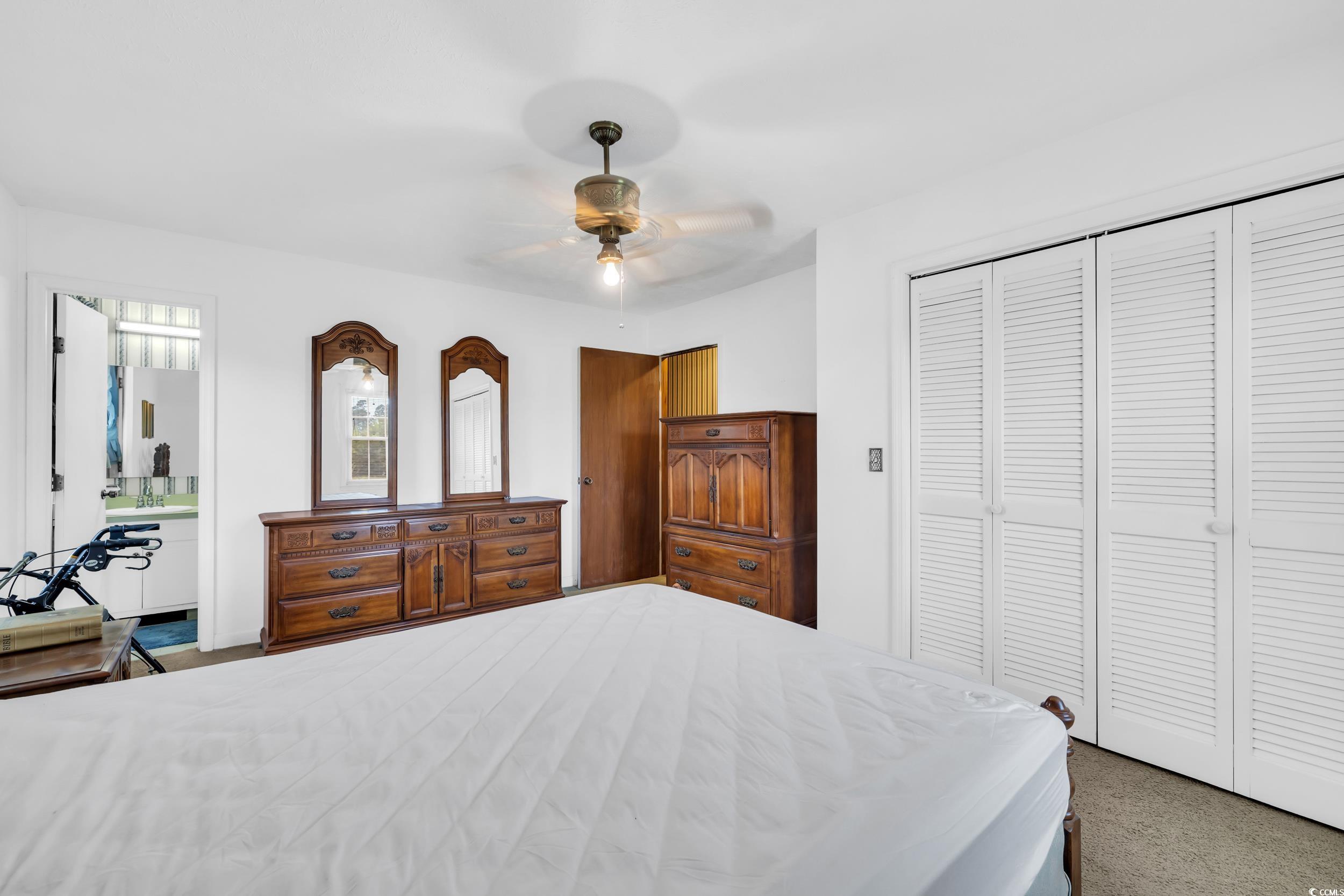1928 Emery Road Loris, SC 29569 - Photo 15 of 24 Bedroom with a ceiling fan, dark carpet, and a closet