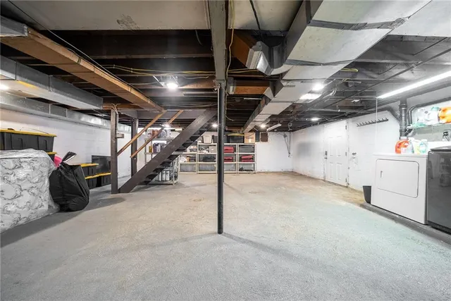 a view of a garage with storage