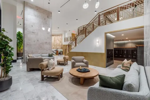 a living room with furniture and a potted plant