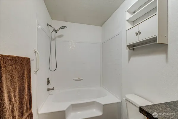 a bathroom with a bathtub and a shower